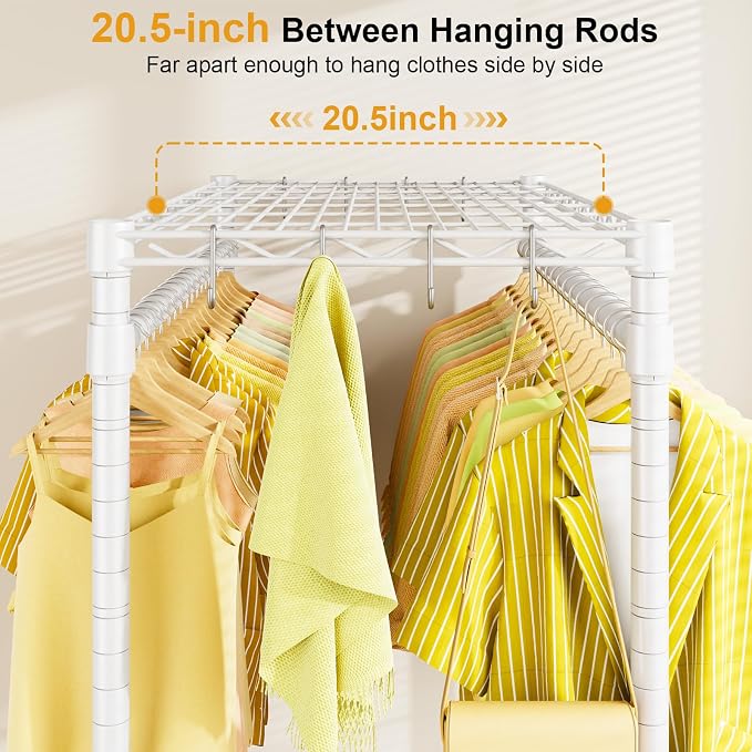 P4 Rolling Clothes Rack, Clothing Racks for Hanging Clothes, White | Heavy Duty Garment Rack with Wheels, 2-Tier Free Standing Portable Closet Racks 35.5''W × 20.5''D × 80.5''H, Max Load 560Lbs