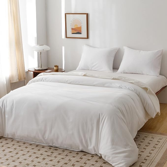 HeimenAogo Egyptian Cotton Duvet Cover Full Size Sateen Weave, Silky Soft and Breathable Bedding Set with Zipper Closure, Long Staple Cotton Bed Linen Pure White 3Pcs (80"×90")