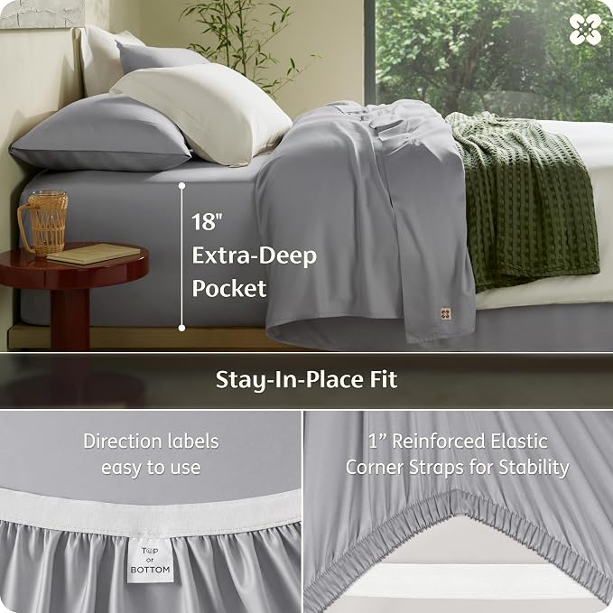 Bedsure PureWoven 100% Viscose Derived from Bamboo, Queen Sheets, 4PCS | Organically Grown, Cooling Bed Sheet for Hot Sleepers, 18" Deep Pocket with Corner Straps, Luxury Silky Soft, Grey