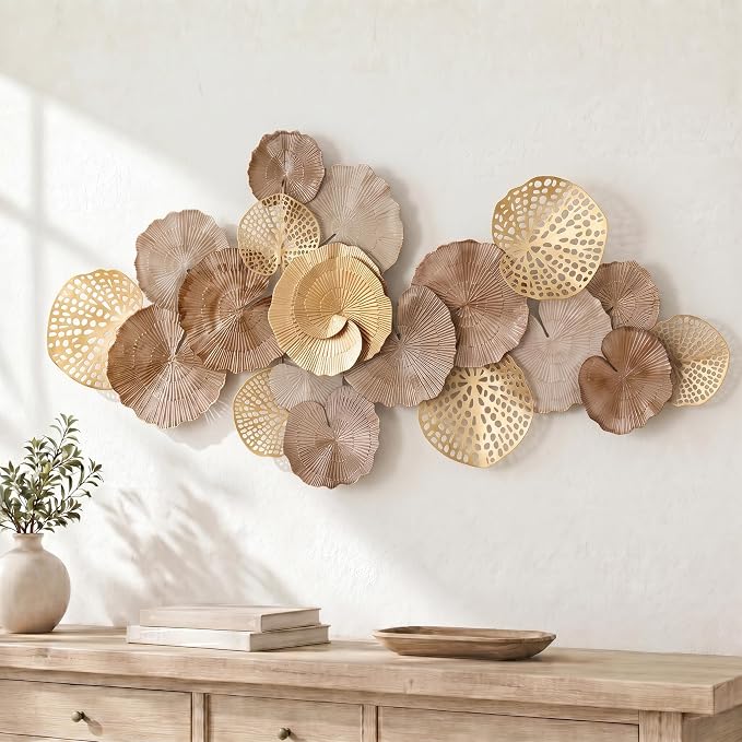 Axioglo 51" Large Wall Decor 3D Lotus Leaf Metal Wall Art for Living Room | 51" x 25" metal wall decor with layered metal texture, mounting hardware, two-way display