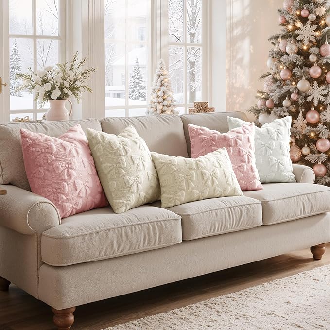 MIULEE Cream White Bow Pillow Covers Coquette Room Decor 20x20 | Aesthetic Decorative Cute Girl,Set of 2 Cushion Covers,Soft Plush Faux Pillowcases,Preppy Room Decor Bedroom Couch