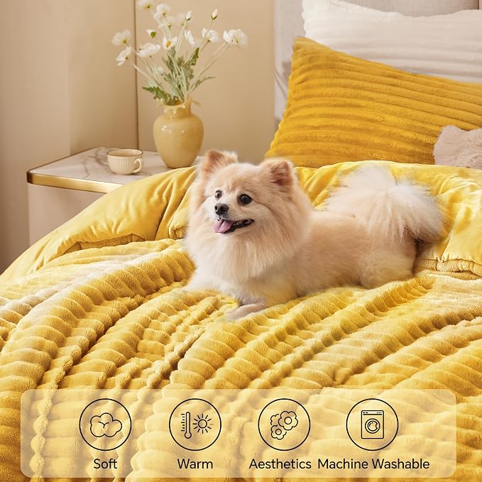 BEDELITE Fleece King Comforter Set, Fluffy Bed Set, Mustard | Super Soft & Warm Bedding, Luxury Fuzzy Faux Fur Comforter for Winter, Heavy Plush Bedding, with 2 Pillowcases