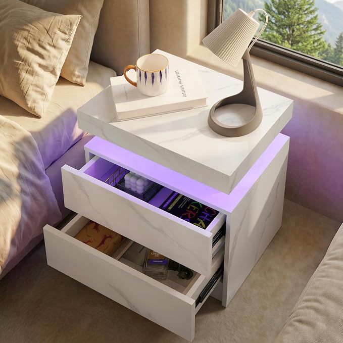 i-aplus LED Nightstand with Wood 2 Drawers Modern Bedside Table for Bedroom | Nightstands with App-Controlled RGB LED Lights, Night Stand with Storgae Drawer, Modern Bedside Table for Bedroom