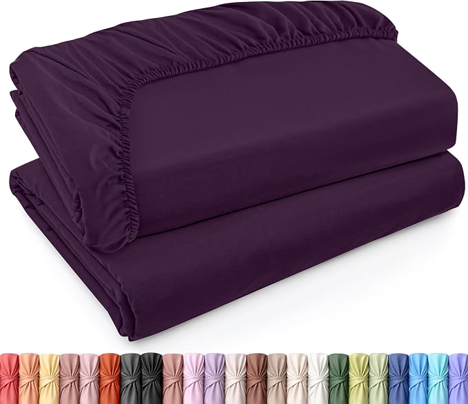 Pack of 2 Twin XL Fitted Sheet, Fits Up to 16 Inch Deep Pocket, Purple | Hotel Comfort, Cooling & Breathable Cotton like Polyester, Easy Fit, Wrinkle & Fade Resistant, Snug Fit, Easy Care, Oeko-Tex