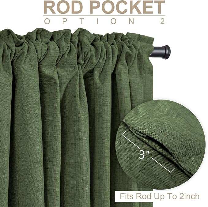 Faux Linen Total Blackout Curtains for Bedroom 96 Inches Long, Moss Green | 100% Blackout Shield, Back Tab/Rod Pocket Living Room Drapes, Thermal Insulated Blackout Curtains 2 Panels Set, 50"W x 96"L