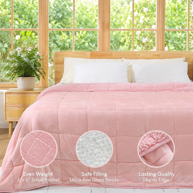 Cottonblue Pink Weighted Blankets 25lbs for Adults King Size 90"x90" Soft | Cozy Sherpa Fleece Weighted Throw Blankets for Calm Sleep Relax, Warm Fuzzy Comfort Flannel Heavy Blanket for Bed Sofa Couch