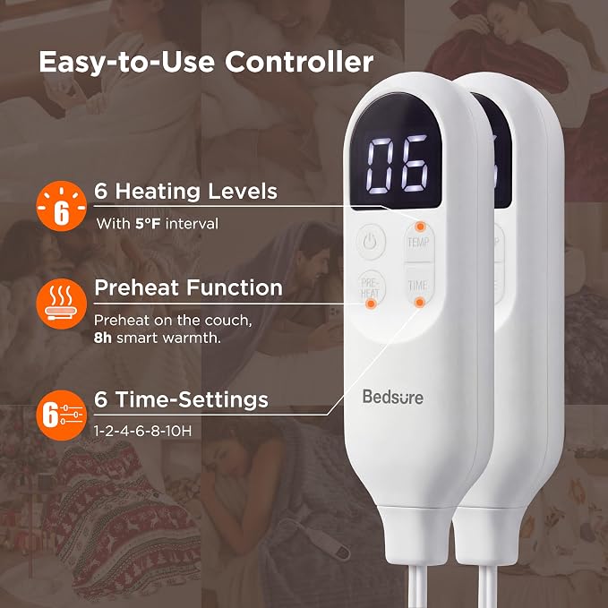 Bedsure Heated Blanket King Size, Dual Control Electric Blanket, Ivory | Preheat Function,6 Heat/6 Timer Settings, 8H Auto Shut-Off, ETL/FCC, Soft Flannel Sherpa, Machine Washable, 84x90in
