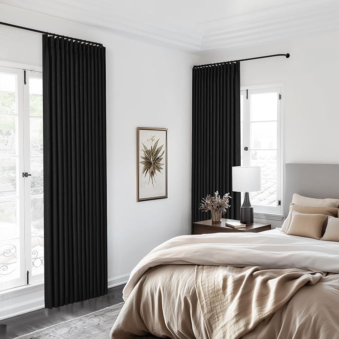 Black 100% Blackout Pinch Pleat Linen Curtains 108 Inches Long for Bedroom | Black Out Curtains Lined 2 Layers, Memory Shape, Noise Reducing, Room Darkening, for Living Room Window, W40xL108 2 Panels
