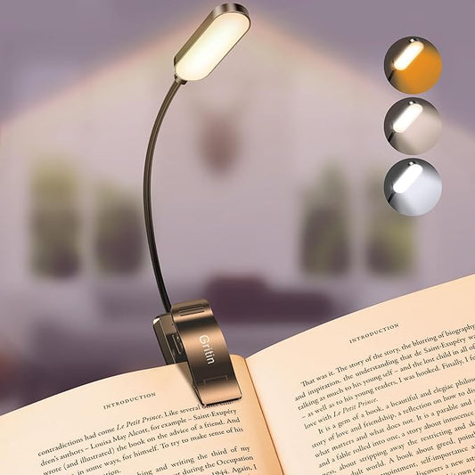 Gritin 16 LED Rechargeable Book Light for Reading in Bed | Eye Caring 3 Color Temperatures,Stepless Dimming Brightness,80 Hrs Runtime,Lightweight Flexible Clip on Light for Book Lovers