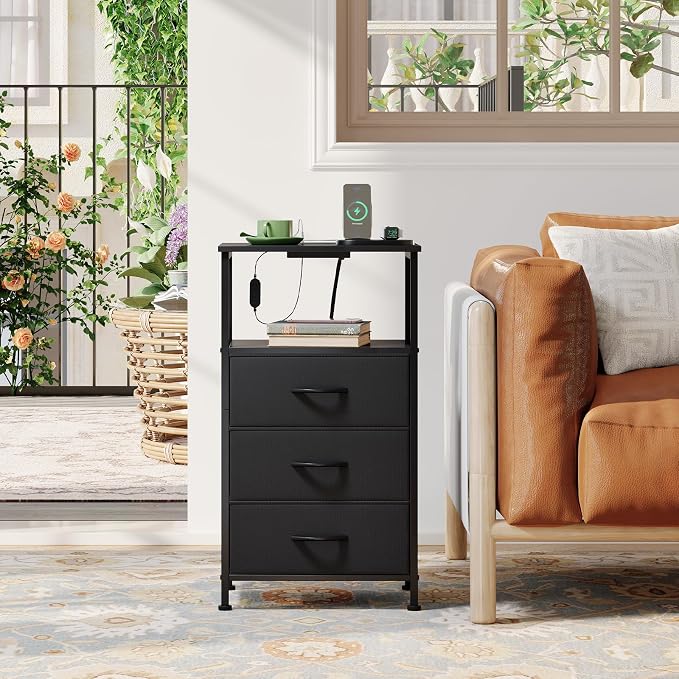 Somdot Nightstands Set of 2 with 3 Drawers, Charging Station & LED Light | Open-Shelf End Tables for Bedside, Small Spaces, Bedroom, Entryway and Hallway, Black