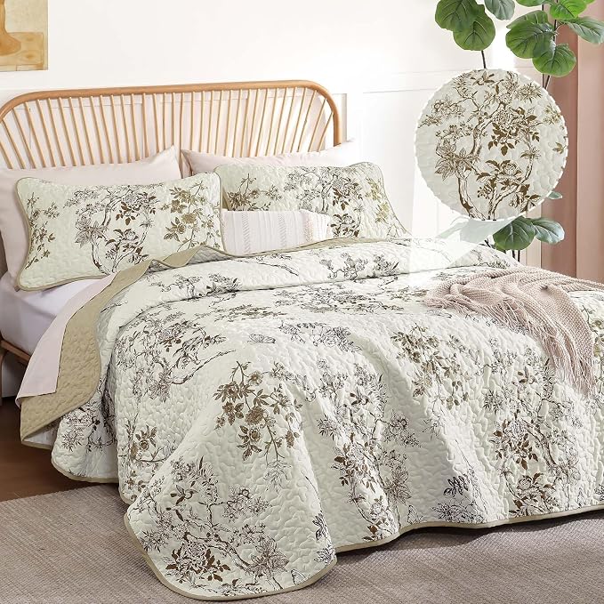 WONGS BEDDING Floral Quilt Set Full,3 Pcs Brown Bedspreads Coverlets Set | Spring Summer Floral Farmhouse Bedspread with 2 Shams,Soft Microfiber Lightweight Coverlet for All Season 78"×90"