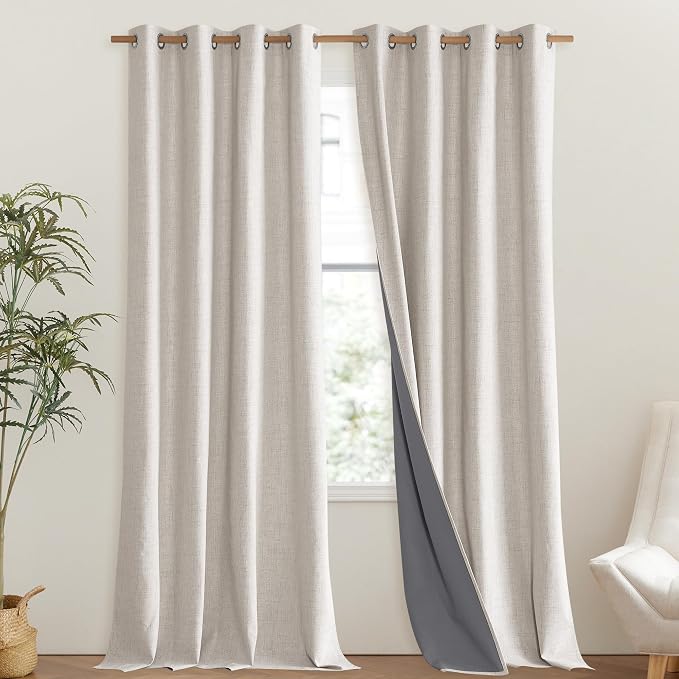 NICETOWN Brich Vintage Open Linen Weave Flax Thermal Curtains, 100% Blackout Curtains 108" Long for Dining Room, Soundproof Window Treatment Drapes for Hall Room, 52" Wide Per Panel, Set of 2