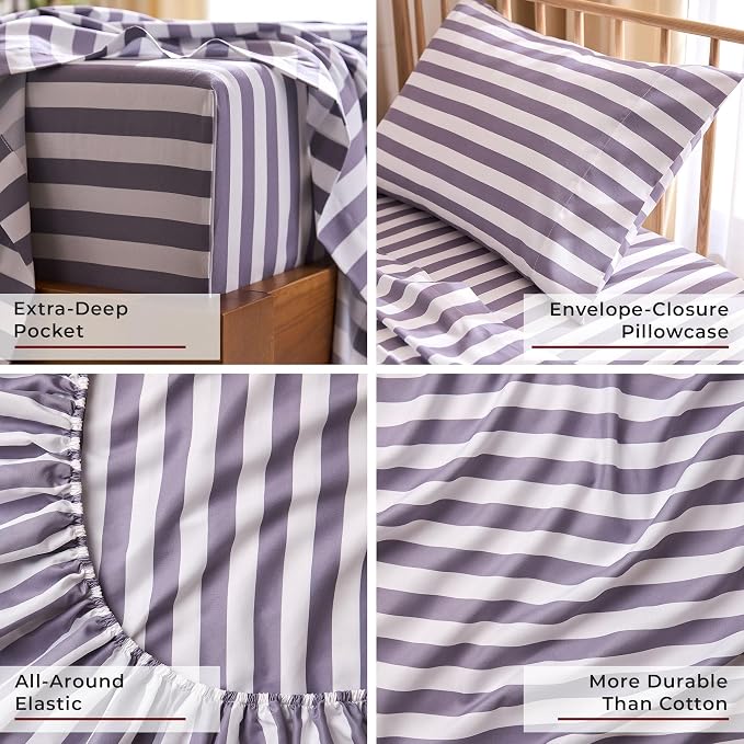 Mellanni Iconic 3-PC, Ultra Soft Sheet Set (Twin, Oxford Stripe Hazy Lilac) | 10M+ Sleepers. Lab-tested: Sleeps Cool, Stays Bright, Strong, Smooth. Good Housekeeping Best Bedding, 7 yrs running.
