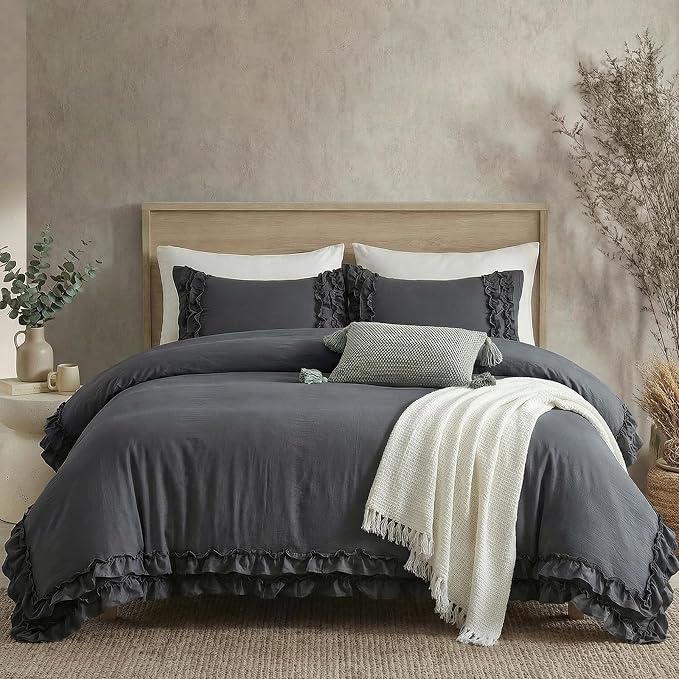 Dark Grey Ruffled Duvet Cover Queen Boho Bedding Set Gary Ruffle Fringe Shabby Chic Bedding Super Soft Cozy Farmhouse Duvet Cover Set for All Season