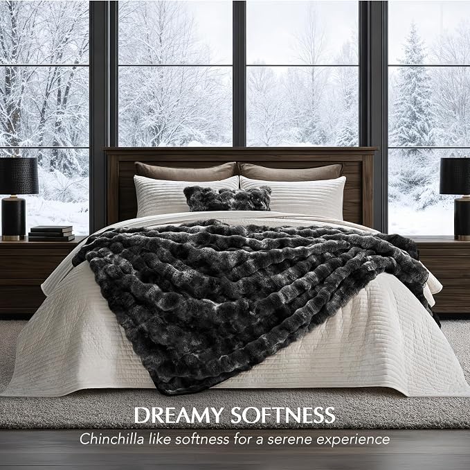 EverGrace Faux Rabbit Fur Bubble Throw Blanket, 60"x80", Marble Black | Ultra Soft, Luxury Faux Rabbit Fur Throw, Thick Warm Bubble Blanket, Cozy Fluffy Reversible, for Bed, Couch, Chair, Sofa
