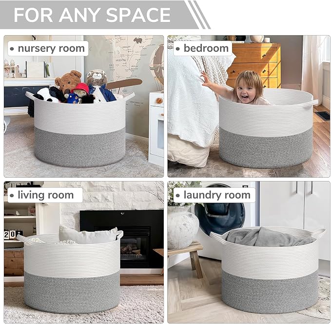 INDRESSME 115L Extra Large Woven Rope Blanket Basket Living Room Light Grey | 23.6" x 15.7" Storage baskets for toys laundry & pillows. Fits living room, bedroom or nursery décor. Soft-touch with handles