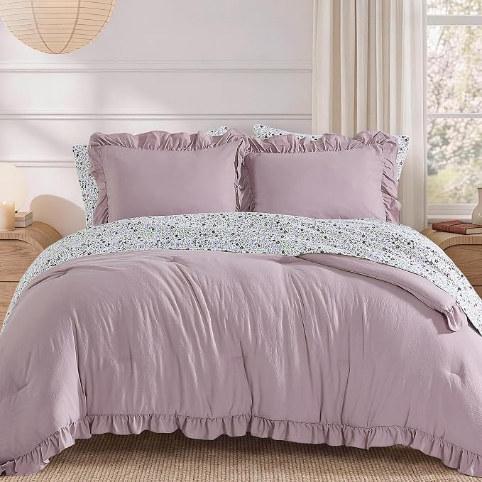 Full Size Comforter Sets-7 Pieces Ruffle Bedding Floral Sheet | Purple Bed in a Bag, Soft Lightweight All Season Farmhouse Full Size Bedding Sets with Floral Sheets, Pillowcases & Shams
