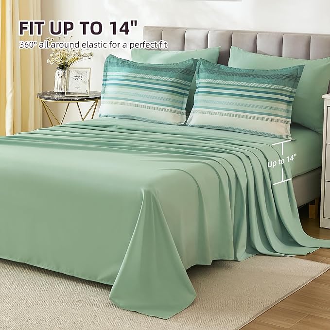 Dobuyly Comforter Set Queen Size 7 Piece, Boho Striped Sage Green Bed in a Bag Queen Soft Microfiber Bedding Sets with Comforter, Sheets, Pillowcases & Shams All Season