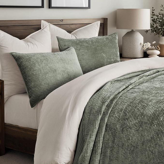 EverGrace Striped Channel Velvet Quilt Set, King Size, Dried Thyme Green | Luxurious Soft Lightweight Velvet Comforter, Oversized Bedspread Coverlet, Quilted Bedding Set for All Season, with 2 Shams