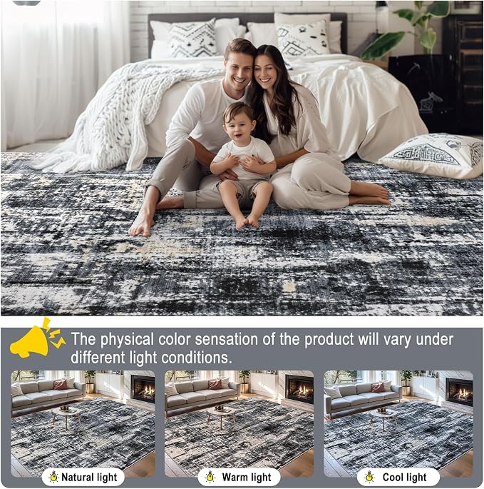PLHXFR 10x12 Area Rug Living Room: Abstract Washable Carpet Black Gold | For Bedroom Dining Room Farmhouse Nursery Home,Machine washable,Non Slip,Large Soft Neutral,Stain Resistant, Indoor Floor
