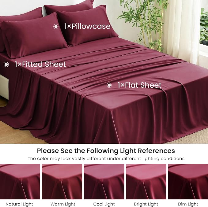 Love's cabin 3 Piece Twin Sheet Set, 100% Rayon Derived from Bamboo, Cooling & Breathable, Soft Silky Deep Pocket up to 16", Hotel Luxury Bedding for Hot Sleepers, Burgundy