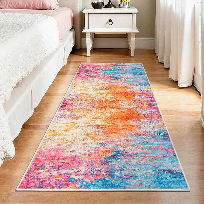 Rugflix 2x8 Runner Rug for Hallway, Washable Colorful Rainbow Runners | Machine Washable; Stain-Resistant; Low Pile; Non-Slip; Modern Abstract; Carpet for Bedroom Bathroom Laundry
