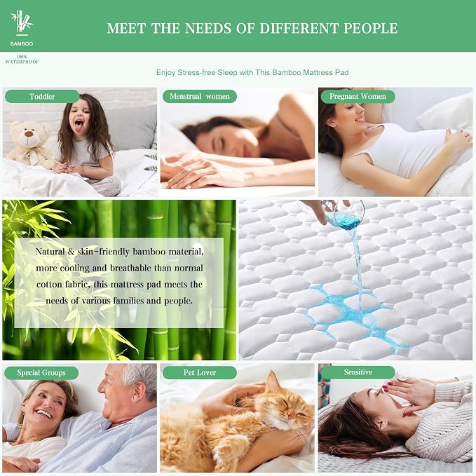 UNILIBRA Twin Mattress Protector Waterproof Rayon from Bamboo, Deep Pocket Mattress Pad Cover Fit up to 6''- 19'', Breathable Soft Filling Quilted Fitted Mattress Topper