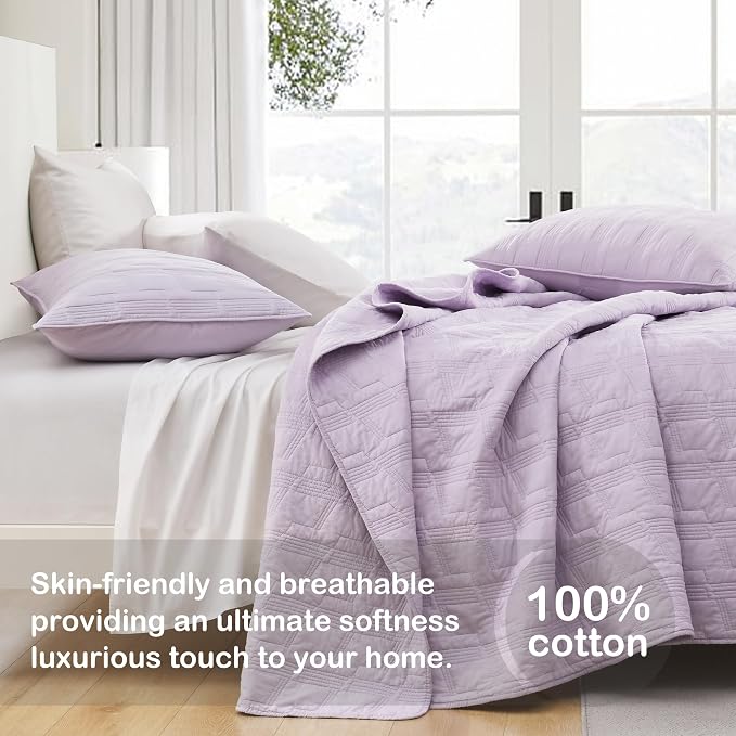 HORIMOTE HOME 100% Cotton Quilt Set Twin Size, Lavender Pre-Washed 2-Piece Bedspread Coverlet Set, Cozy Lightweight Stitching Decorative Bedding Cover with 1 Shams in Geometric Pattern for All Season