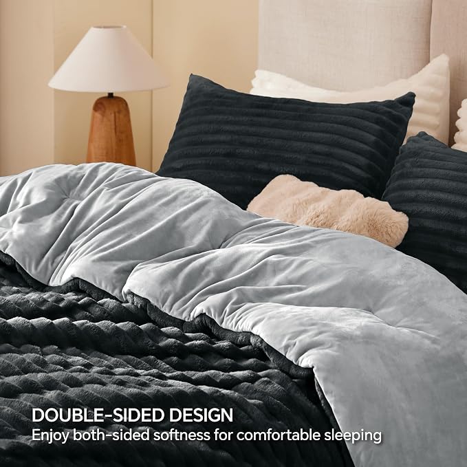 BEDELITE Fleece King Comforter Set, Fluffy Bed Set, Black | Super Soft & Warm Bedding, Luxury Fuzzy Faux Fur Comforter for Winter, Heavy Plush Bedding, with 2 Pillowcases