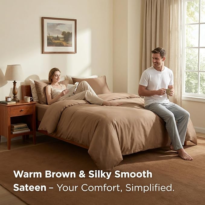 HeimenAogo Egyptian Cotton Duvet Cover King Size Sateen Weave, Silky Soft and Breathable Bedding Set with Zipper Closure, Long Staple Cotton Bed Linen Brown 3Pcs (104"×90")
