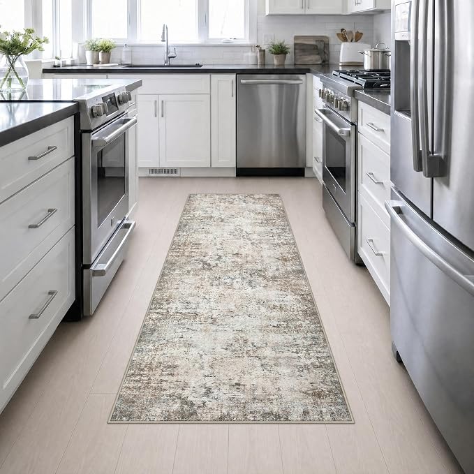 2.6x8 Washable Runner Rug：Modern Abstract Kitchen Soft Carpet Brown | For Hallway, Bedroom, Kitchen, Laundry, Bathroom,Door Mat,Modern Abstract,Machine washable,Non-Slip,Stain Resistant,Indoor