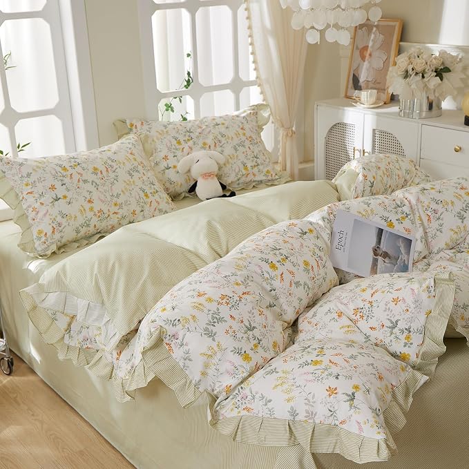 mixinni 100% Cotton Duvet Cover Set Twin XL, Reversible Spring Floral Ruffle Green Striped Bedding for Girls, French Country Cottagecore Aesthetic 3PC Duvet Cover with Zipper Closure & Pillowcases
