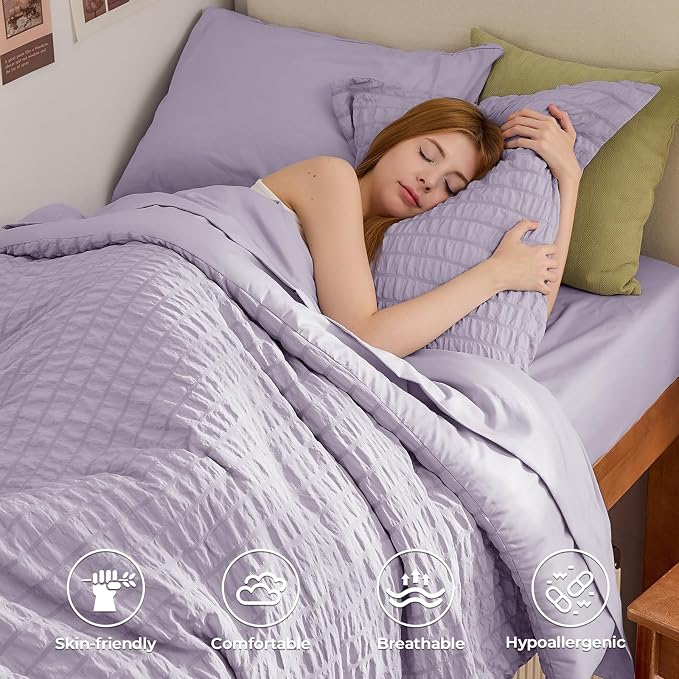 HYMOKEGE Lavender Twin XL Comforter Set Seersucker 5 Pieces, All Season Luxury Bed in a Bag for Bedroom, Bedding Set with Comforter, Sheets, Pillowcase & Sham