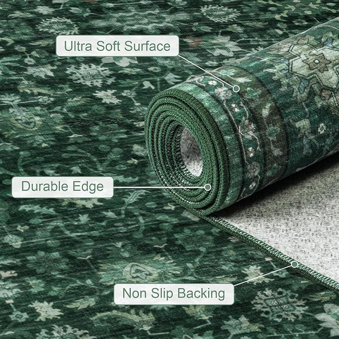 4x6 Area Rugs Living Room: Washable Rug for Bedroom Deep Green | Boho No Slip Stain Resistant Rug Soft Indoor Decor Floor Floral 4x6 Area Rugs for Dining Room, Nursery, Hallway, Home Office