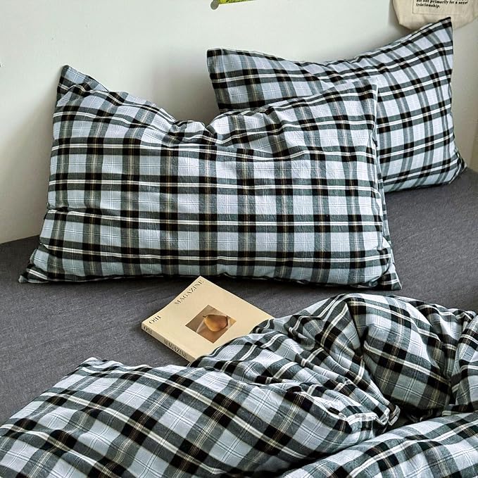 LifeTB Queen Comforter Set Grey Black Plaid Comforter Set, 3 Pieces Vintage Checkered Pattern Grid Comforter with 2 Pillowcases, Fluffy Soft Farmhouse Plaid Bedding Gingham Comforter Set Queen