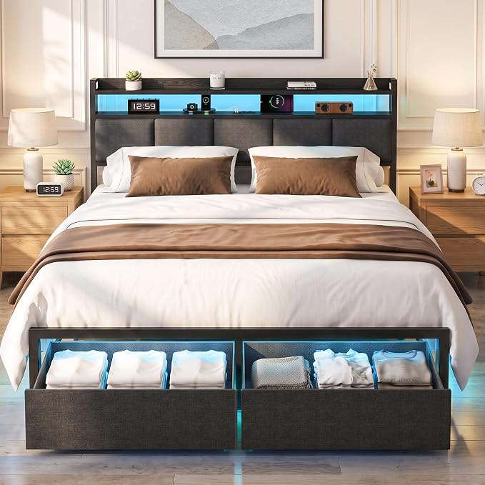 Full Bed Frame with 2 Storage Drawers, Platform Bed with LED Lights & Charging Station, Upholstered Headboard with 2-Tier Shelves, Heavy Duty Metal Sltats, No Box Spring Needed, Noise Free