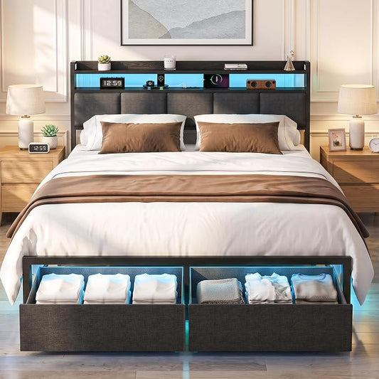 Full Bed Frame with 2 Storage Drawers, Platform Bed with LED Lights & Charging Station, Upholstered Headboard with 2-Tier Shelves, Heavy Duty Metal Sltats, No Box Spring Needed, Noise Free