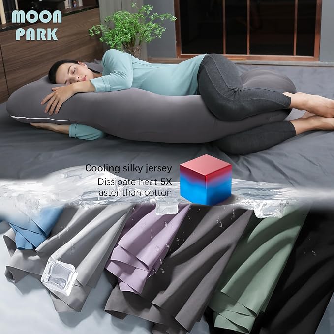 MOON PARK Pregnancy Pillows for Sleeping - U Shaped Full Body Maternity Pillow with Removable Cover - Support for Back, Legs, Belly, Hips - 57 Inch - Dark Grey - Cooling Cover