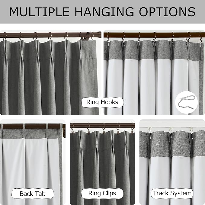 Vision Home Pinch Pleated Dark Grey Blackout Curtains 108 inch Linen Blended Room Darkening Drapes with Thermal Insulation & Back Tab Hooks for Bedroom Living Room, 40" Wx108 L 2 Panels