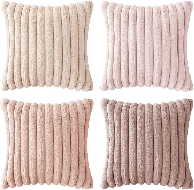 MIULEE Faux Fur Plush Decorative Throw Pillow Covers 18x18, Pink | Set of 4, Striped, Soft Cute Romantic Modern Home Decor, Cushion Cases for Sofa Couch Bed Living Room