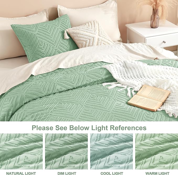 Litanika Queen Size Comforter Set, 3 Pieces Tufted Boho Bedding Set | Sage Green Farmhouse Shabby Chic Vintage Bohemian Textured Aesthetic Soft Fluffy Lightweight Breathable All Season Bed Set