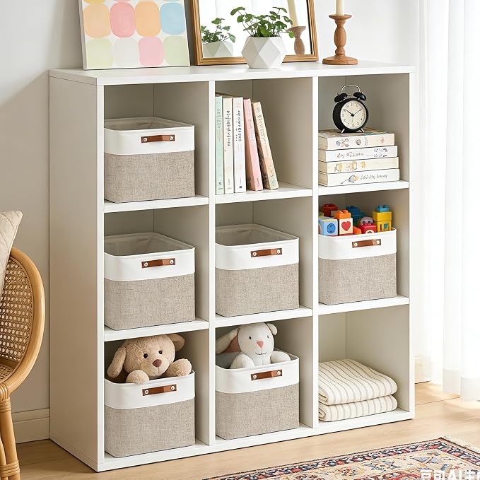 Collapsible Fabric Storage Cubes 11x11 Cube Storage Bins, 4 Pack Closet Baskets Box with Handles for Organizing, Shelf, Toys, Clothes, Home, Office, Nursery (Beige&White)