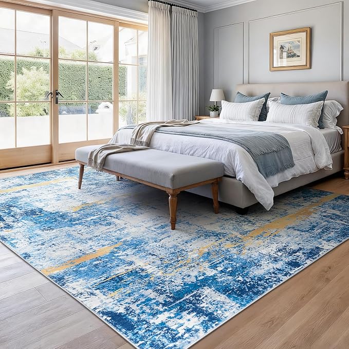 Rugflix 8x10 Area Rugs for Living Room, Washable Sky Blue Gold Large Rug | Machine Washable; Stain-Resistant; Low Pile; Non-Slip; Modern Abstract; Carpet for Bedroom Dining Office Nursery Home