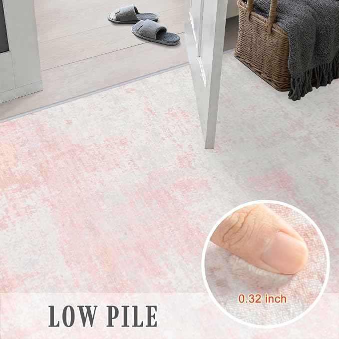 2.6x8 Washable Runner Rug：Modern Abstract Soft Carpet Pink White | For Hallway, Bedroom, Kitchen, Laundry, Bathroom,Door Mat,Modern Abstract,Machine washable,Non-Slip,Stain Resistant,Indoor