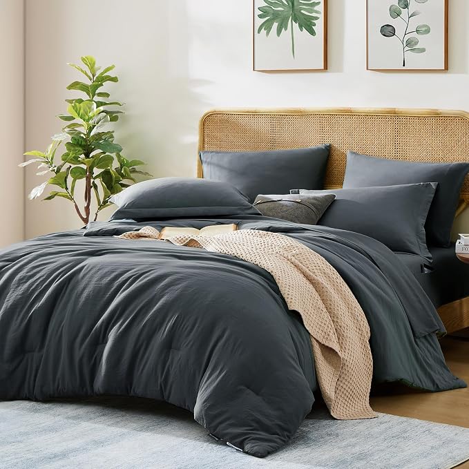 Queen Comforter Set-7 Pieces Soft Prewashed Bed in a Bag Queen Bedding Sets | All Season Comforter with Sheets, Pillow Shams & Pillowcases,Blue Grey