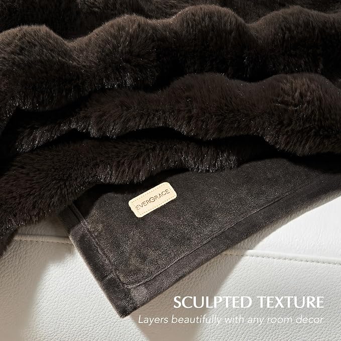 Faux Rabbit Fur Bubble Throw Blanket, 60"x80", Dark Brown | Ultra Soft, Luxury Faux Rabbit Fur Throw, Thick Warm Bubble Blanket, Cozy Fluffy Reversible, for Bed, Couch, Chair, Sofa