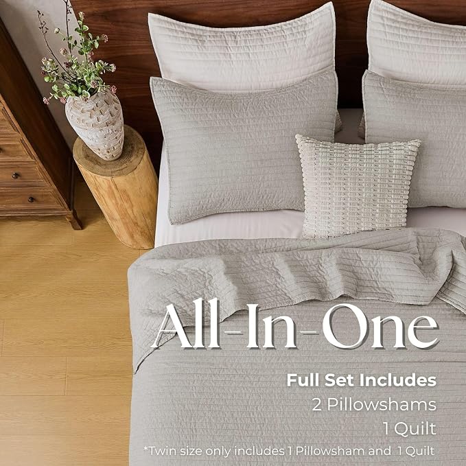 DOWN HOME Twin Quilt Bedding Set with Sham, Vintage Washed Soft Quilted Blanket Thin Comforter Lightweight Bedspread Coverlet Bed Cover, Brushed Microfiber Stripe Stitching, Light Gray, 66"x92"