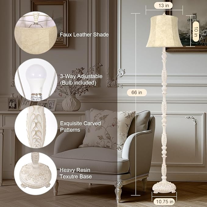 Scenekoy Rustic 66” Wash White Floor Lamp for Living Room Bedroom | Resin Carved Standing Lamp with Faux Leather Shade, Adjustable Bulb, Rotary Switch Rustic Lamp Decor for Home Room Office