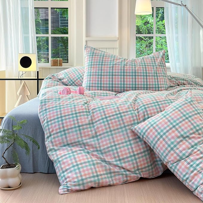 LifeTB Gingham Comforter Set Twin XL Multi-Colored Plaid Comforter Set 3 Pieces Checkered Grid Comforter with 2 Pillowcases Soft Fluffy Gingham Bedding Set Farmhouse Grid Bed Comforter Twin XL