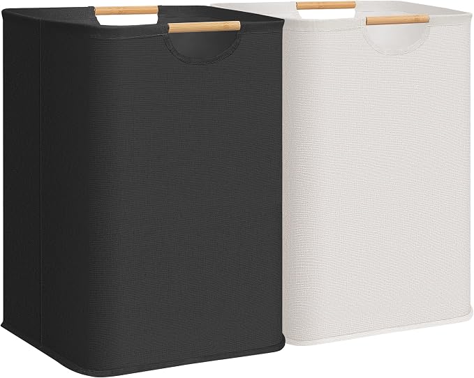 STORAGE MANIAC 2-Pack Large Laundry Hamper, 100L (26.4 Gal) Collapsible Laundry Basket with Bamboo Handles, Freestanding Waterproof Clothes Hamper for Bedroom, Dorm, Towels, Black+White